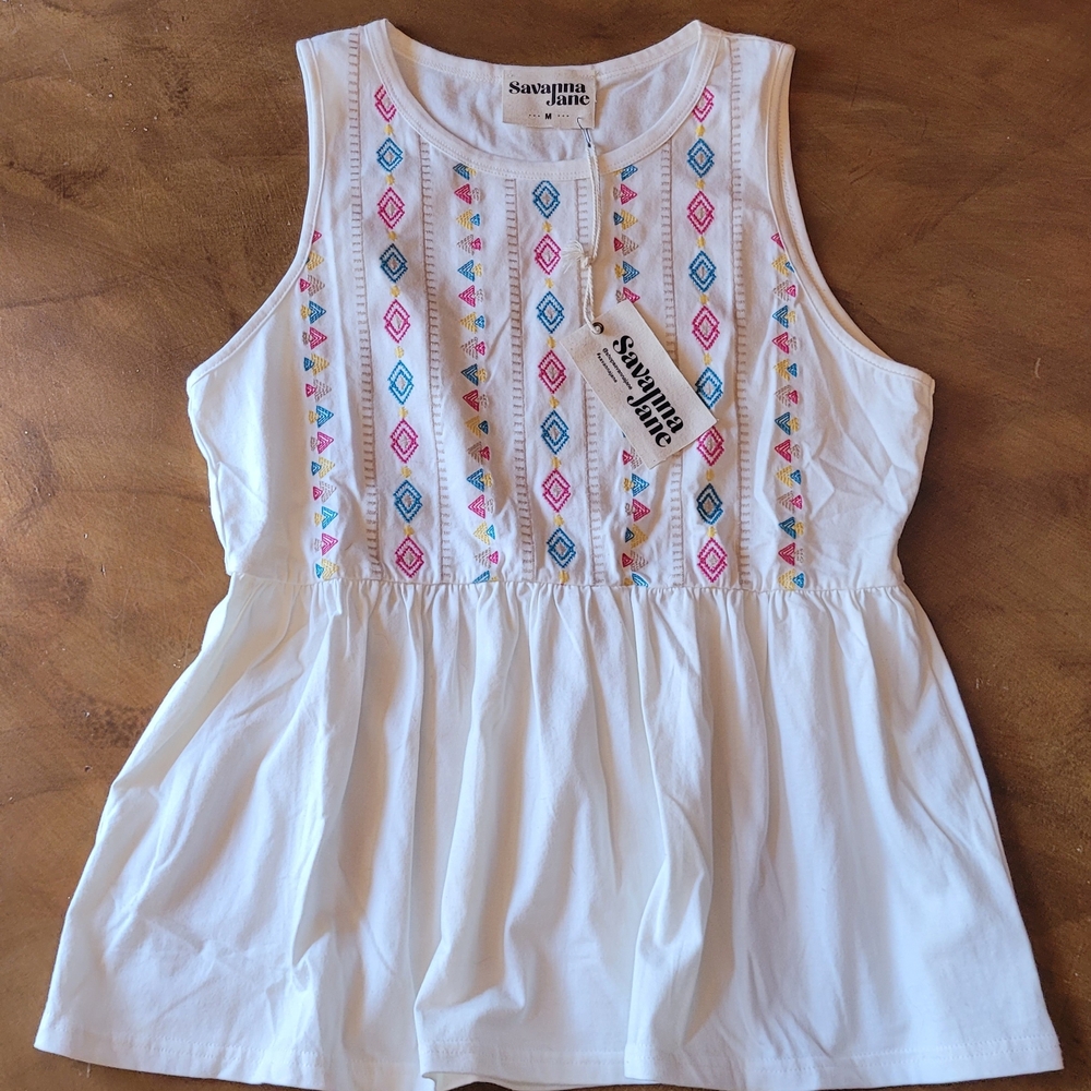 Savanna Jane White Top with Colorful Embroidery